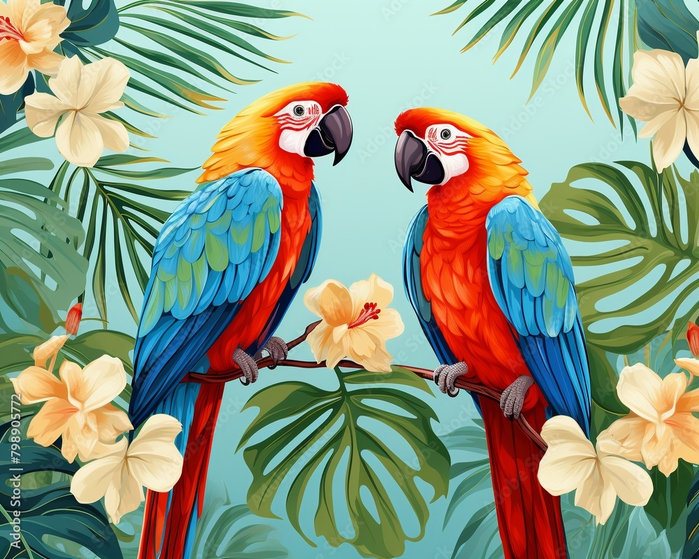 Parrots in a tropical paradise, seamless pattern, flat vector, white bg ,  cute hand drawn