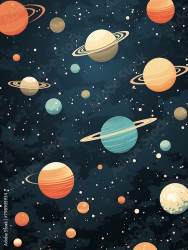 Spacecrafts orbiting  stars pattern  continuous vector  solid backdrop    seamless pattern