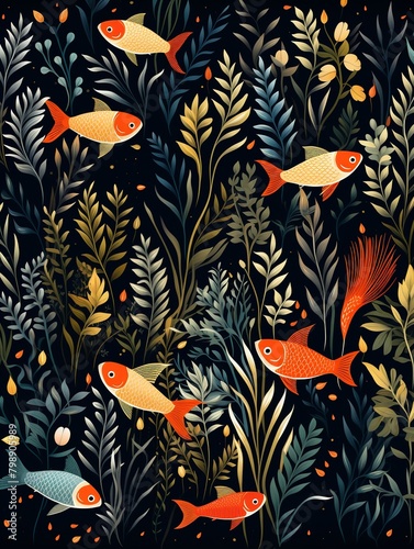 Whiskered wonders  fish and foliage  repeating vector  simple lines  solid canvas    pattern vectors and illustration