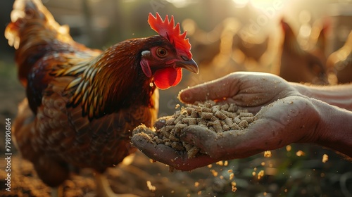 A farmer feeding chickens with high-quality feed to ensure optimal growth and nutrition, highlighting the importance of feed quality in producing premium chicken products.