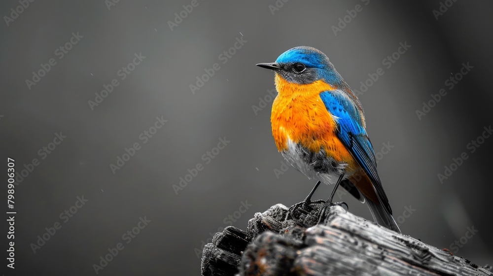 Majestic bluebird perched regally on timber, showcasing vibrant plumage against a soft, monochrome background