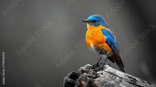 Majestic bluebird perched regally on timber, showcasing vibrant plumage against a soft, monochrome background © rorozoa