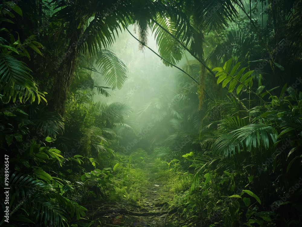 A lush green jungle with a path through it. The path is surrounded by trees and plants, and the sky is cloudy. Scene is peaceful and serene, as if one were walking through a hidden oasis in the jungle