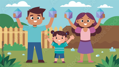 Two siblings gleefully holding up their newly discovered crystals in the backyard while their parents watch with amut.