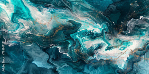Ethereal turquoise marble ink flowing across a dynamic abstract scene, adorned with radiant glitters.