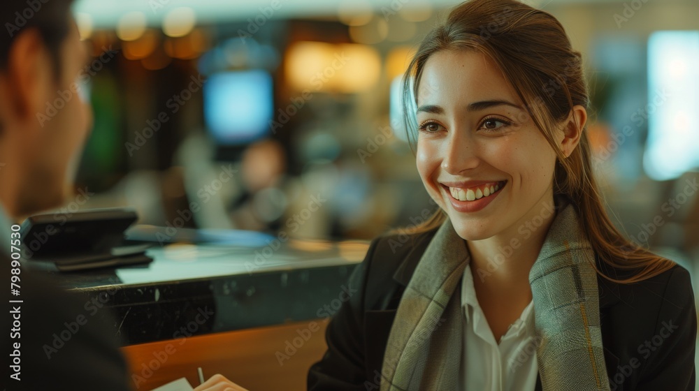 A hotel receptionist smiling as they assist a guest with express check-out procedures and arrange for airport transportation. A hotel receptionist smiling as they assist a guest with express check-out procedures and arrange for airport transportation.