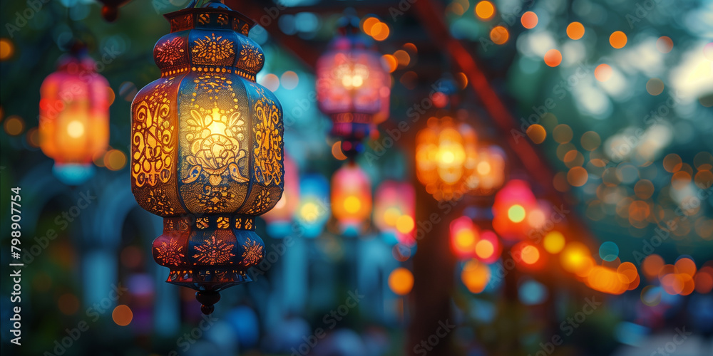 Obraz premium A group of vibrant lanterns hanging from tree branches Festa Junina banner