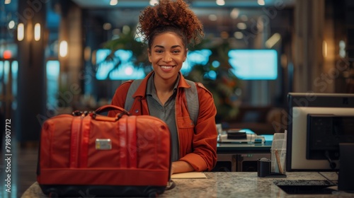 A hotel receptionist smiling while assisting a guest with luggage storage and arranging transportation services.