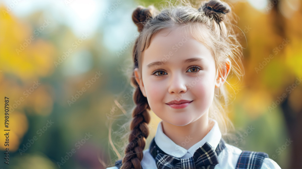 Fototapeta premium Close-up portrait of a cheerful young girl with braided hair and a plaid shirt, set against a blurred autumnal background, capturing the essence of childhood and seasonal change