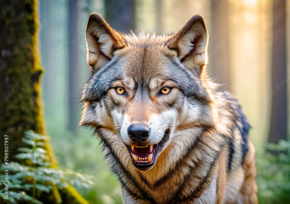 Fototapeta premium angry wolf showing his teeth .Gray wolf in the wild