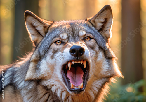 angry wolf showing his teeth .Gray wolf in the wild