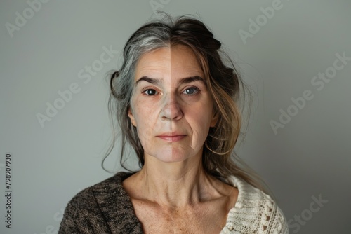 Face lift and skin tightening consultation provide solutions for women's aging stage portraits, merging young to old generation skincare methods. photo