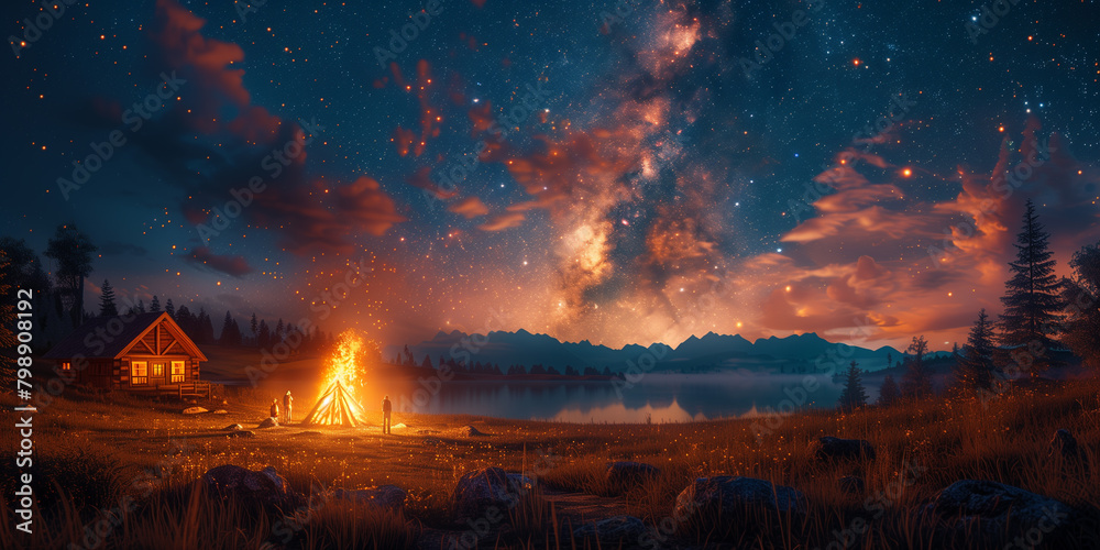 A campfire burns in a field with a cabin in the background as families gather banner festa junina A campfire burns in a field with a cabin in the background as families gather banner festa junina