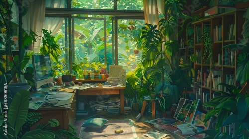 an enchanting depiction of a lo-fi empty interior, transformed into a tranquil sanctuary with a view of a lush jungle visible through the window.