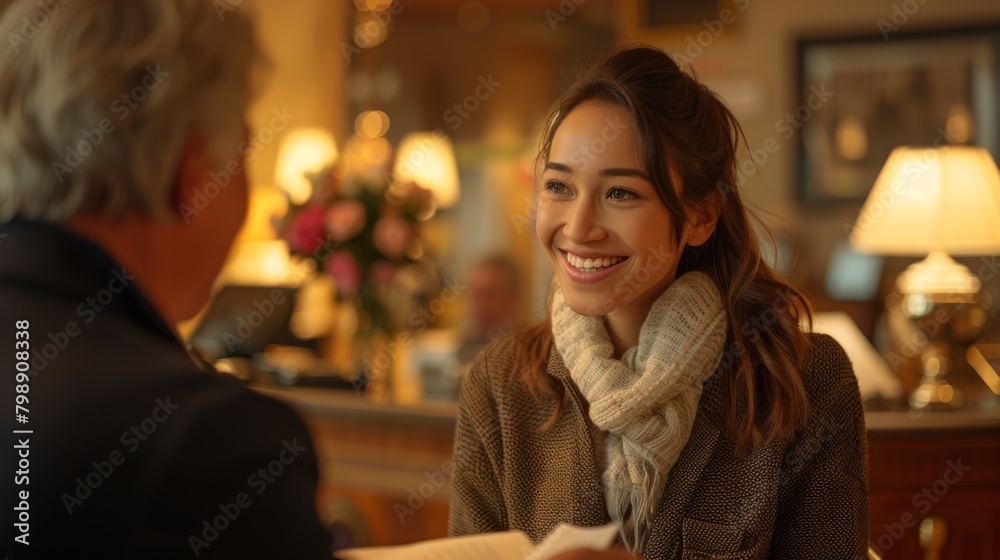 A woman is smiling at a man in a suit A woman is smiling at a man in a suit