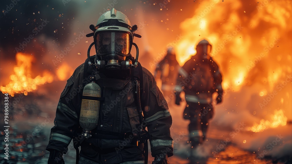 Team of workers with power and firefighter, red fire, spray water. Generative AI. Team of workers with power and firefighter, red fire, spray water. Generative AI.