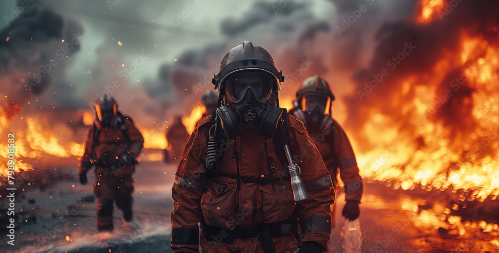 Team of workers with power and firefighter, red fire, spray water. Generative AI. Team of workers with power and firefighter, red fire, spray water. Generative AI.