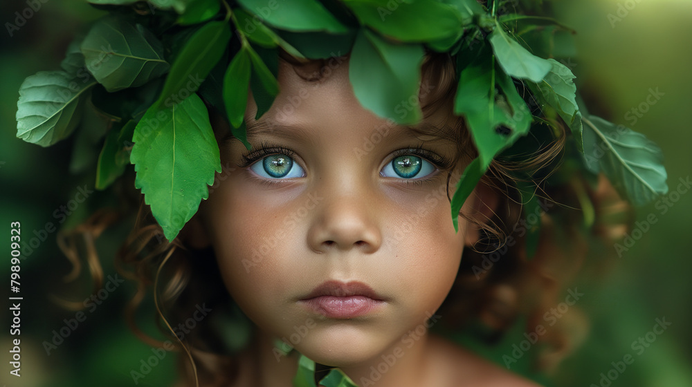 portrait Mother Nature child son face closeup green fairy portrait Mother Nature child son face closeup green fairy