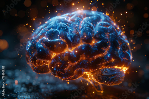 A digital AI brain glowing blue amidst a dark background