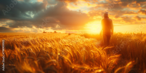 A man standing amidst wheat plants in a field during the golden hour of sunset banner Whole Grain Day photo