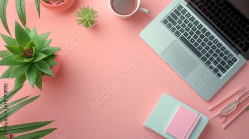 A minimalist desktop workspace with a light pastel background  featuring a sleek laptop  notepad  and succulent plant  perfect for showcasing productivity and creativity.