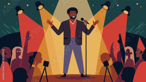 A powerful spoken word performance takes place on stage as a poet delivers a moving piece about the significance of Juneteenth and the ongoing fight. Vector illustration photo