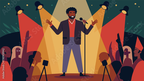 A powerful spoken word performance takes place on stage as a poet delivers a moving piece about the significance of Juneteenth and the ongoing fight. Vector illustration