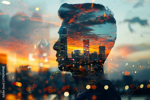 Profile of a man with a double exposure. City lights, representing business success against an evening sky.  photo