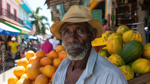 A man wearing a straw hat stands in front of a vibrant fruit stand, selecting fresh produce