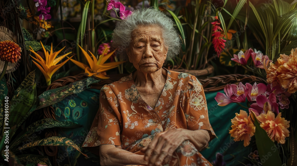 An older woman seated on a couch, surrounded by a variety of colorful flowers in a room An older woman seated on a couch, surrounded by a variety of colorful flowers in a room