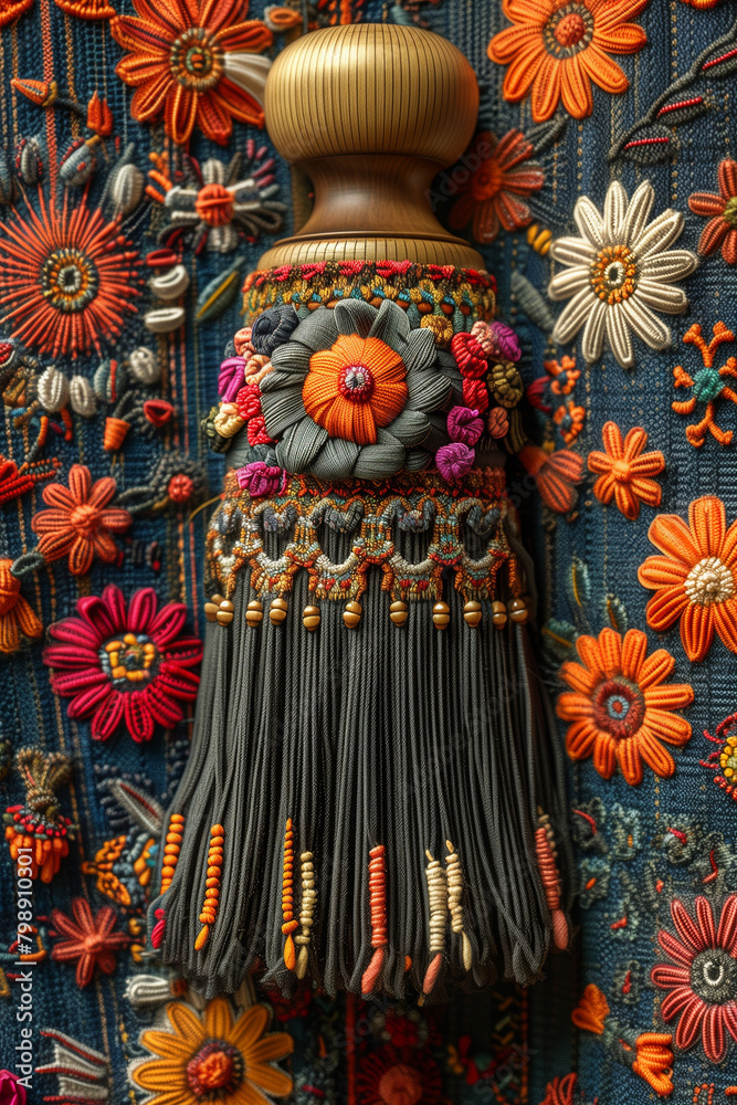 Detailed view of a tassel hanging on a wall, showcasing textures and colors festa junina