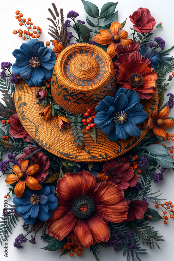 Illustration of a vintage hat adorned with colorful flowers festa junina