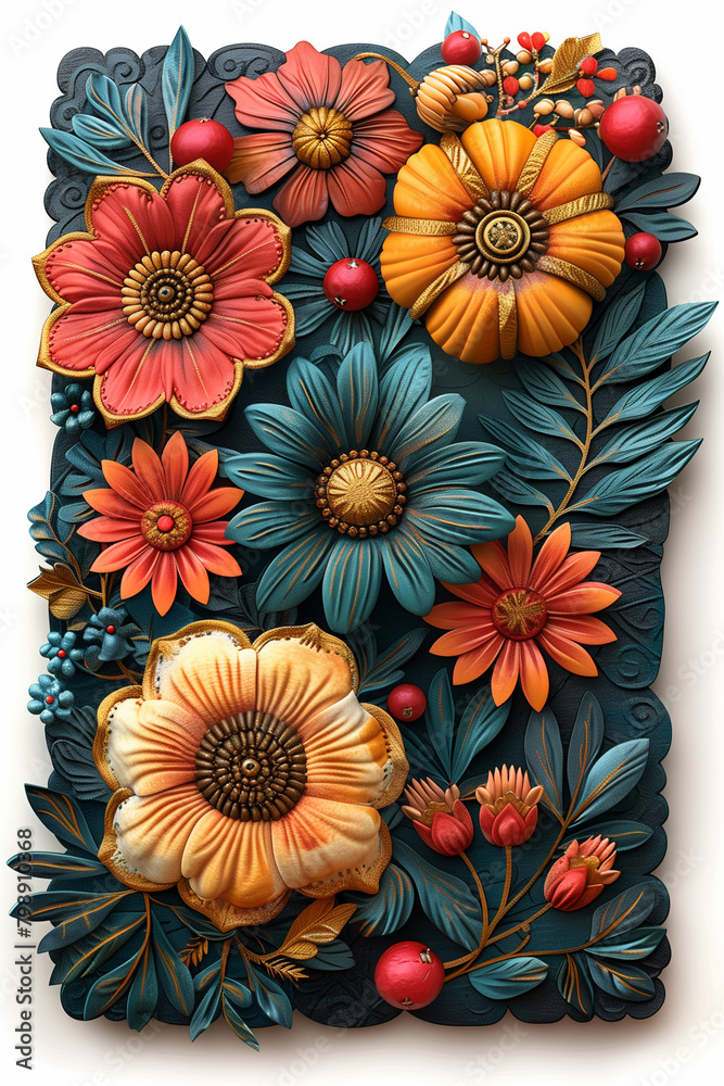 Detailed artwork of vibrant flowers and lush leaves against a white background festa junina Detailed artwork of vibrant flowers and lush leaves against a white background festa junina