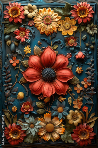 Detailed painting of colorful flowers set against a blue backdrop festa junina
