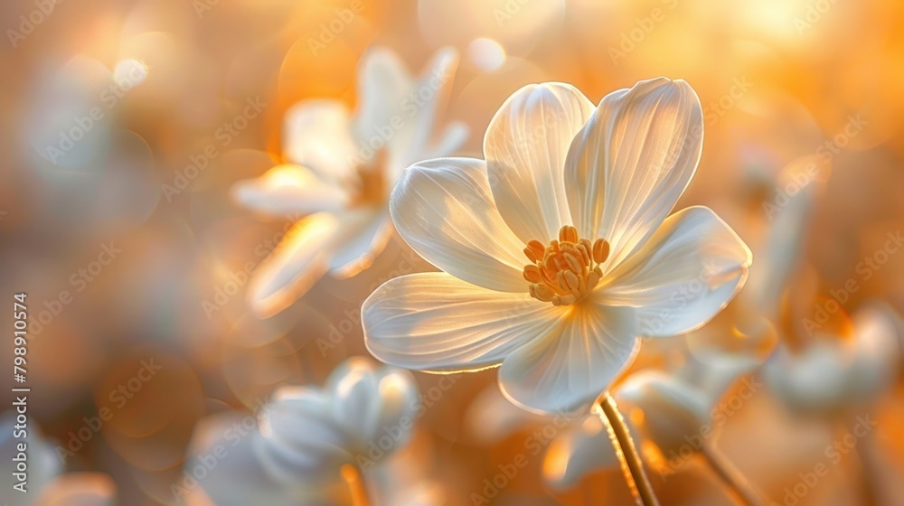 Naklejka premium A soft portrait of spring flora, with translucent petals catching the golden rays of a late afternoon, evoking a sense of renewal.