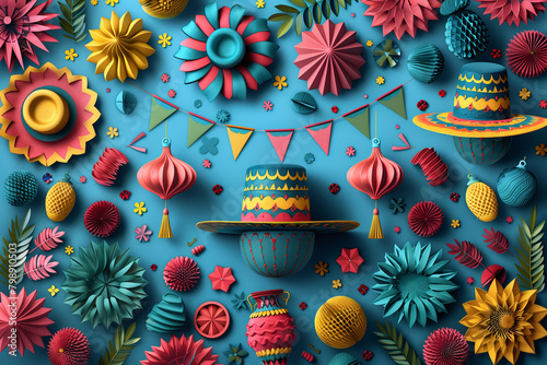 A variety of colorful objects and decorations on a vibrant blue background festa junina photo