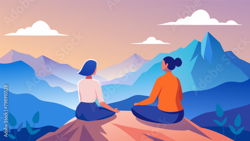 A woman and her the sit atop a mountain taking in the breathtaking views and using the peaceful setting as a backdrop for their session focused on. Vector illustration