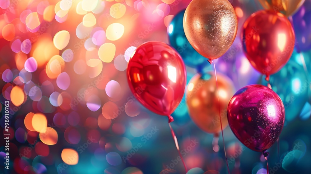 Vivid party balloons with a shimmering surface float against a backdrop of soft-focus multicolored lights. Vivid party balloons with a shimmering surface float against a backdrop of soft-focus multicolored lights.