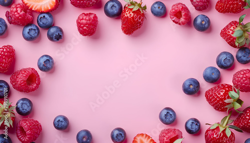 Frame made of fresh raspberries  blueberries and strawberries on pink background