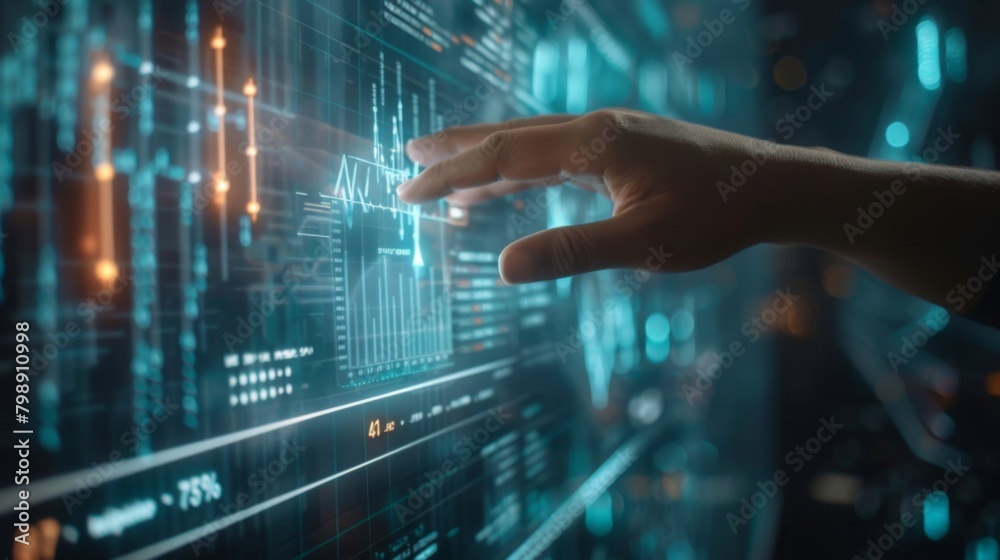 A hand reaching out to touch a holographic projection of financial graphs, representing futuristic banking technology. A hand reaching out to touch a holographic projection of financial graphs, representing futuristic banking technology.