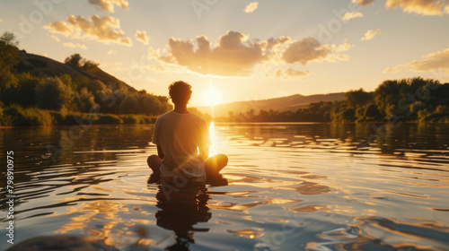 A man is sitting on a rock surrounded by water in the middle of a lake