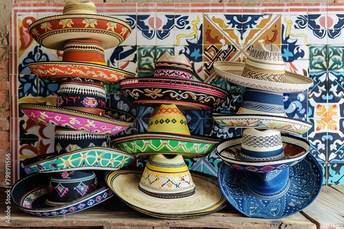 Variety of Mexican hat styles showcased in impressive sombrero stacks