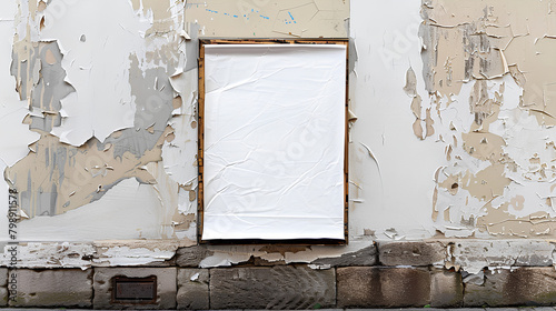 White wrinkled poster template with paper glued on textured wall for authentic presentation