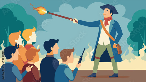A man demonstrating how to load and fire a musket educating the audience on the weapons used during the American Revolution.. Vector illustration