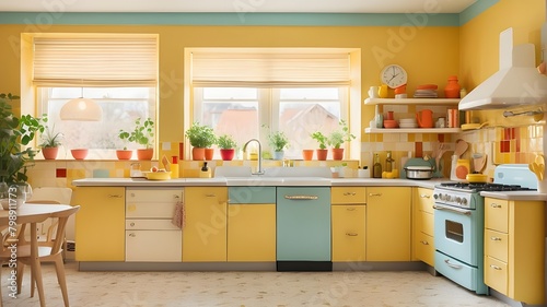 a cheery, retro-inspired kitchen that is bright and airy. The space has retro appliances and a backsplash made of colourful tiles. Sunny yellow paint has been applied to the walls. 