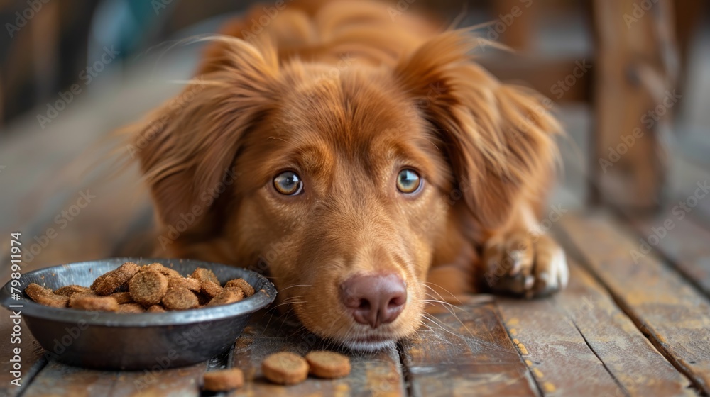 Intimate portrait of a reddish-brown dog lying next to its meal on a wooden floorboard.