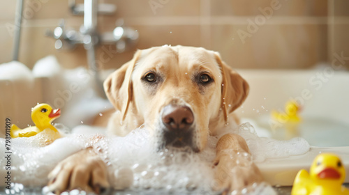 Labrador Dog Contemplating in a Bubble Bath with Ducks © C