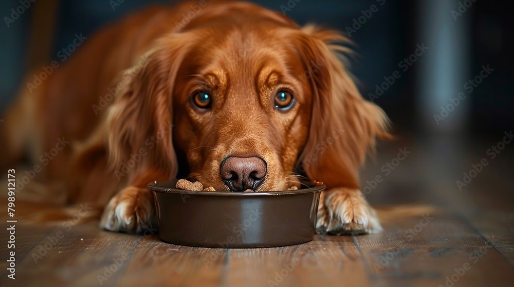 Intimate portrait of a reddish-brown dog lying next to its meal on a wooden floorboard.