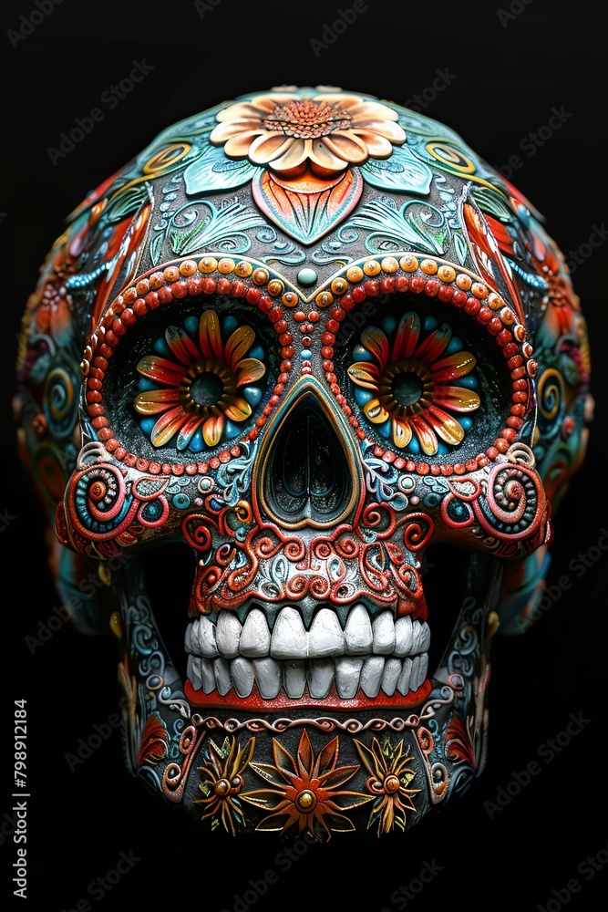 Colorful 3D drawing of a Mexican skull with vibrant edges on a black backdrop