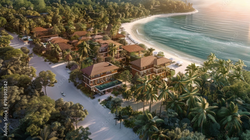 A luxury beach resort nestled among palm trees, offering private villas with stunning ocean views and pristine sandy beaches.